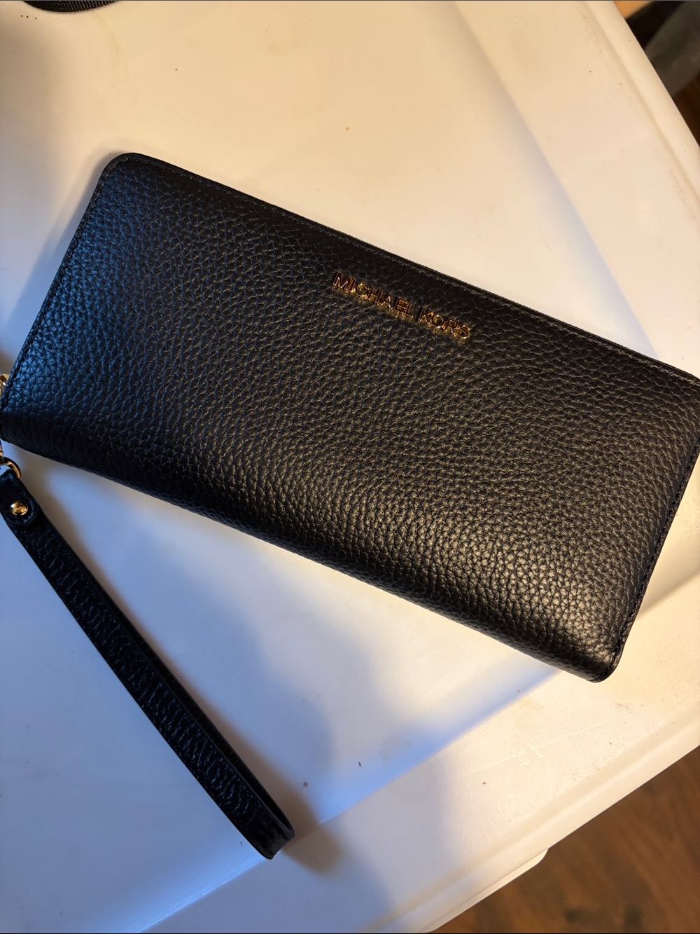 Michael Kors Black Pebbled Leather Wristlet Wallet with Gold Logo
